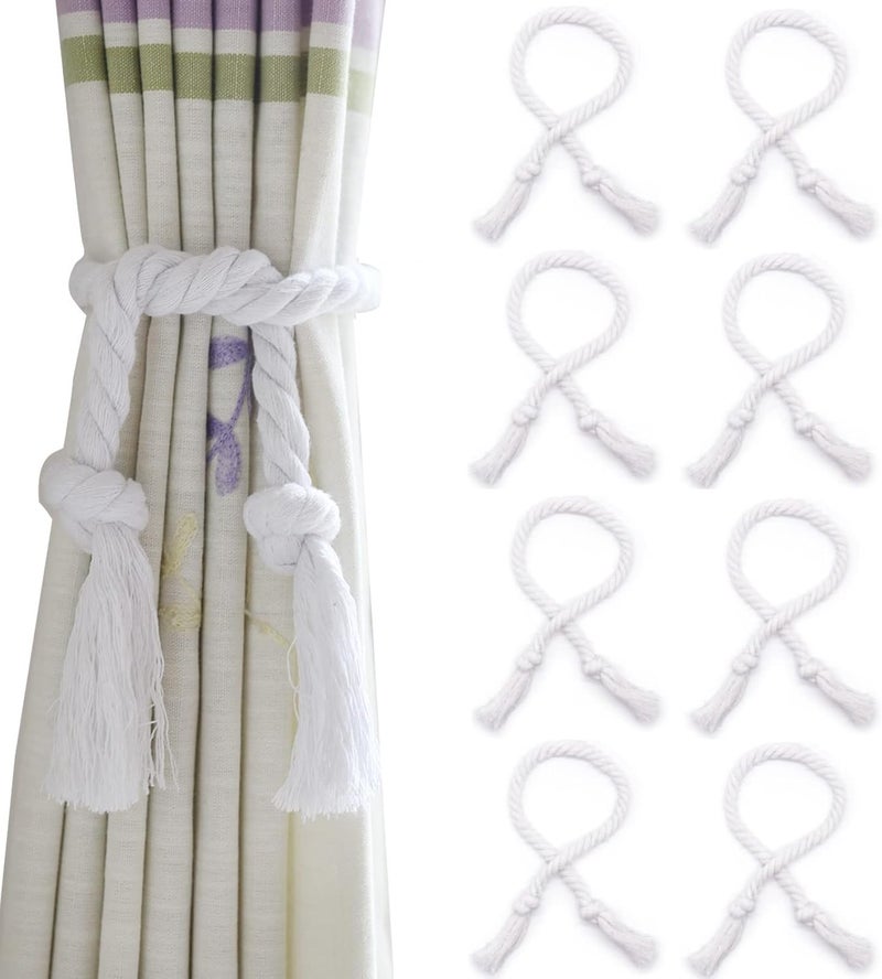Yteseery 8 Pack Curtain Rope Tiebacks, Outdoor Curtain Tiebacks, Natural Cotton Curtain Holders, Village Rural Rustic Boho Curtain Holdbacks, Curtain Ties Rope for Patio Drapery Pergola Drapes, White - Image 1